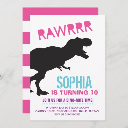 T Rex Dinosaur Girl Birthday Party Invitation