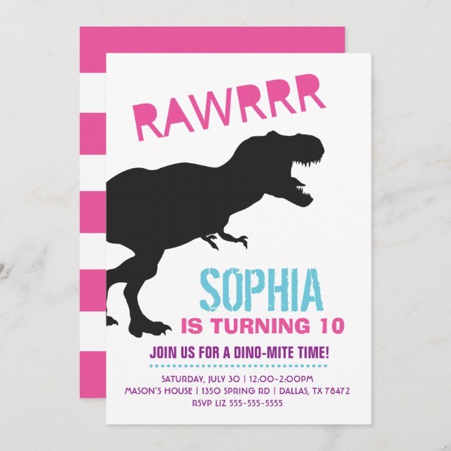 T Rex Dinosaur Girl Birthday Party Invitation (Front/Back)