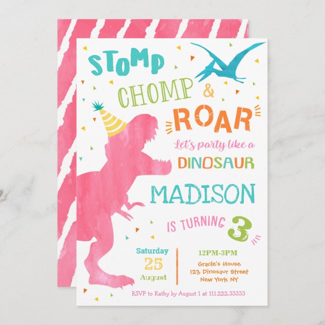 T Rex Dinosaur Girl Birthday Party Invitations (Front/Back)