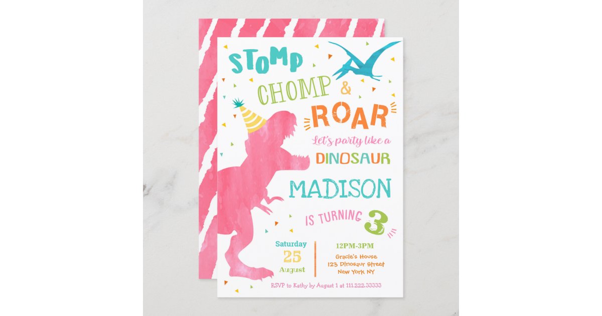 Dinosaur T-Rex Pool Party Girl Pink Birthday Invitation