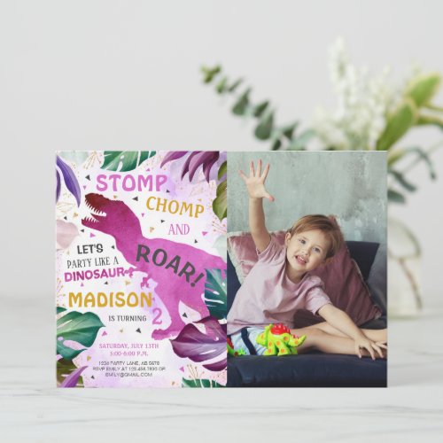 T Rex Dinosaur Girl Birthday Photo Invitation