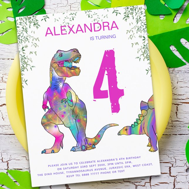 T Rex Dinosaur Girls Birthday Party  Invitation Postcard (T-Rex stegosaurus dinosaur girls 4th birthday party budget invitation postcard modern bright colors )