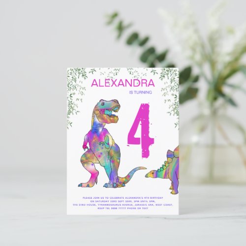 T Rex Dinosaur Girls Birthday Party  Invitation Postcard