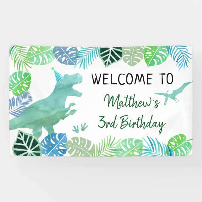 T-Rex Dinosaur Greenery Birthday Banner (Horizontal)