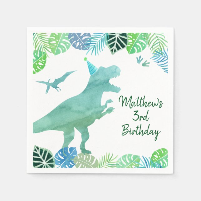 T-Rex Dinosaur Greenery Birthday Napkins (Front)