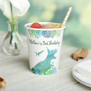 T-Rex Dinosaur Greenery Birthday Paper Cups