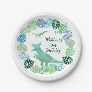 T-Rex Dinosaur Greenery Birthday Paper Plates