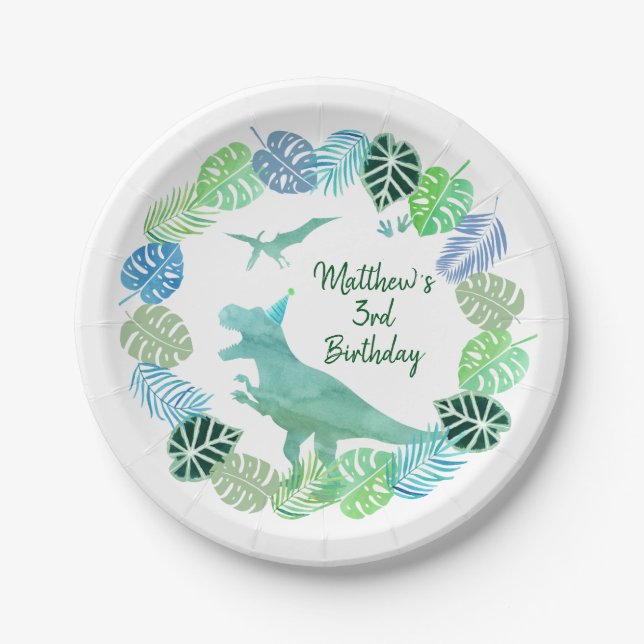T-Rex Dinosaur Greenery Birthday Paper Plates (Front)
