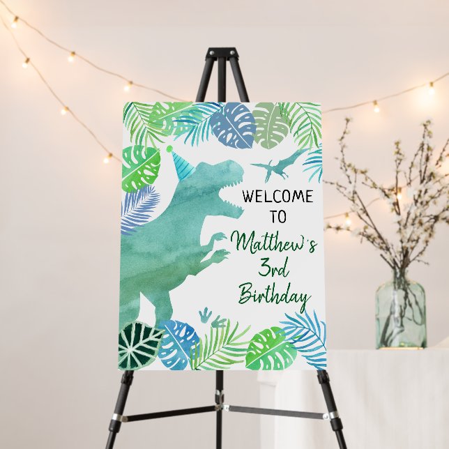 T-Rex Dinosaur Greenery Birthday Welcome Foam Board (In Situ (Stand))