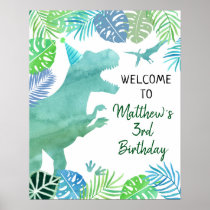 T-Rex Dinosaur Greenery Birthday Welcome Poster