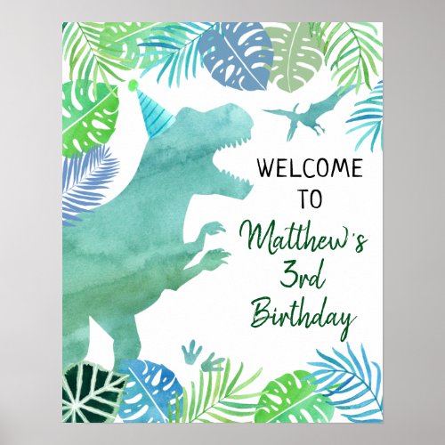 T_Rex Dinosaur Greenery Birthday Welcome Poster