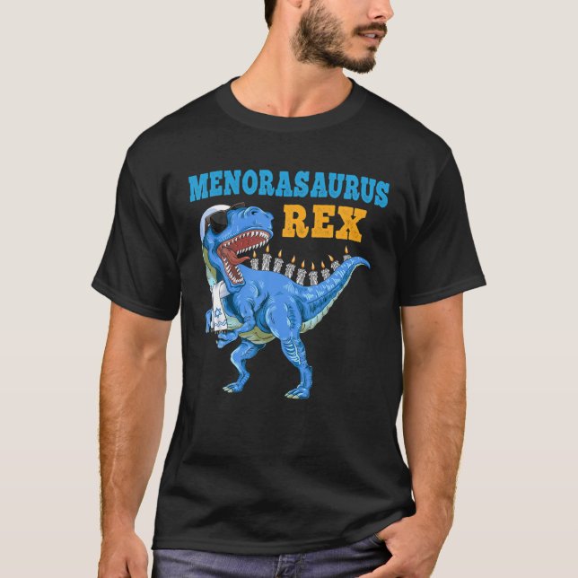T Rex Dinosaur Hanukkah Menorasaurus Rex Funny T-Shirt (Front)