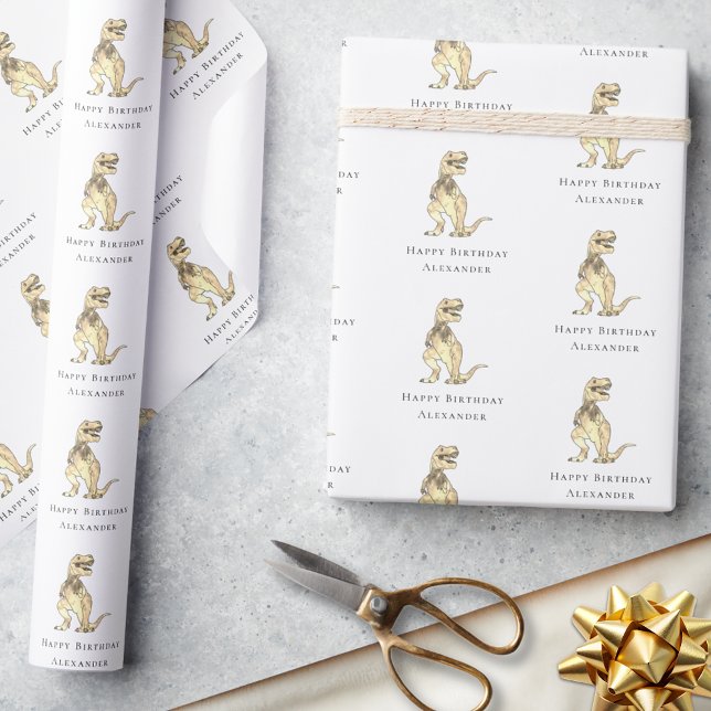 T-Rex Dinosaur Happy Birthday Personalized Wrapping Paper (Dinosaur personalized boy name happy birthday gift wrapping paper modern fun Jurassic T-Rex dino)