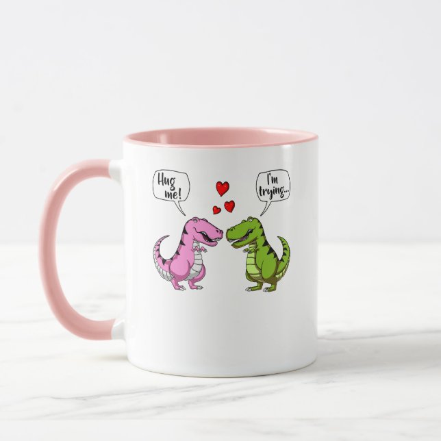 T-Rex Dinosaur Hug Me Funny Couple Joke Mug (Left)