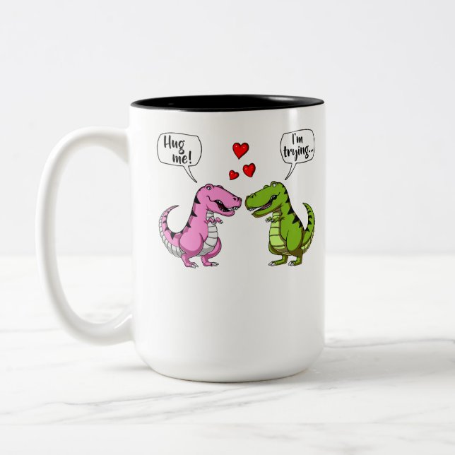 T-Rex Dinosaur Hug Me Funny Couple Joke Two-Tone Coffee Mug (Left)