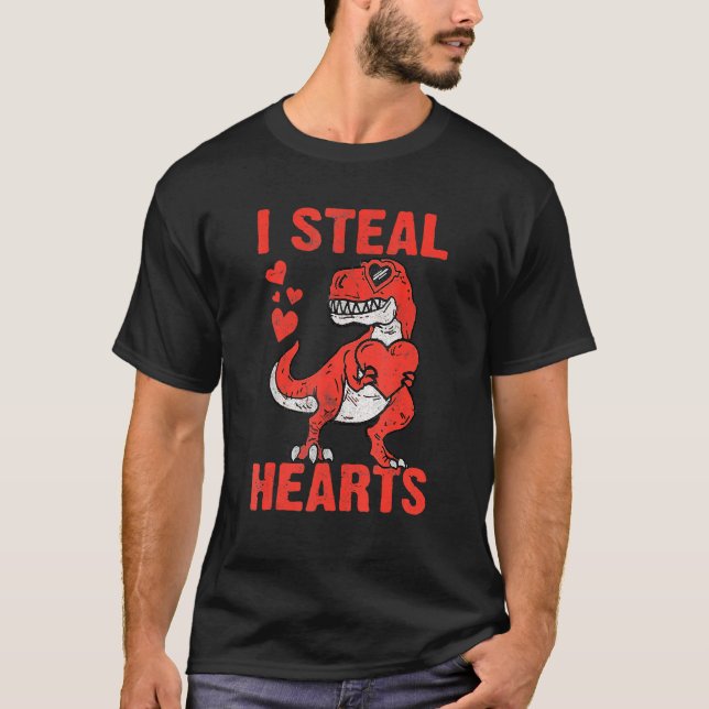 T Rex Dinosaur I Steal Hearts Valentines Day Boy K T-Shirt (Front)