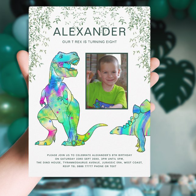 T-Rex Dinosaur Jungle Birthday Party Invitation (T-Rex dinosaur jungle photo template 8th birthday party invitation )