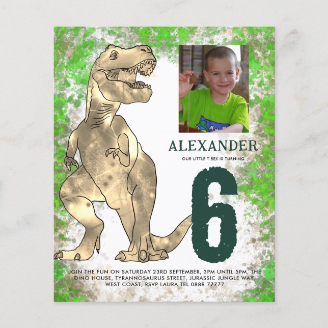 T Rex Dinosaur Jungle Birthday Party Photo Budget Flyer (Front)