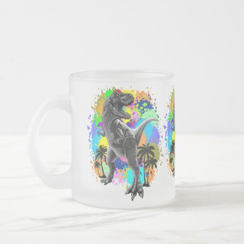 T_Rex Dinosaur Jurassic Reptile on Paint Stains Frosted Glass Coffee Mug