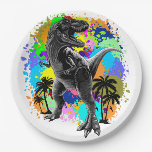 T-Rex Dinosaur Jurassic Reptile on Paint Stains Paper Plates