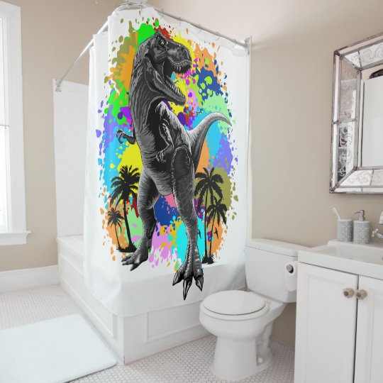 TRex Dinosaur Jurassic Reptile on Paint Stains Shower Curtain