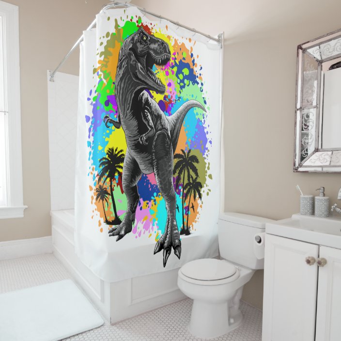 T-Rex Dinosaur Jurassic Reptile on Paint Stains Shower Curtain | Zazzle.com