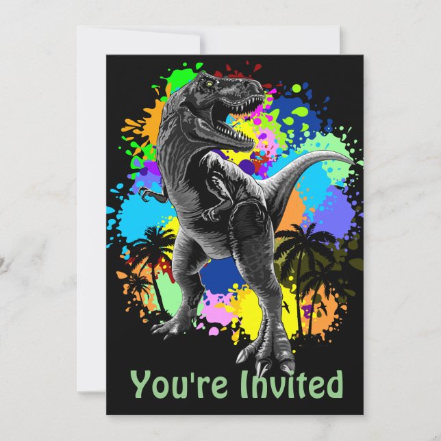 T-Rex Dinosaur Jurassic Reptile on Surreal Rainbow Invitation (Front)