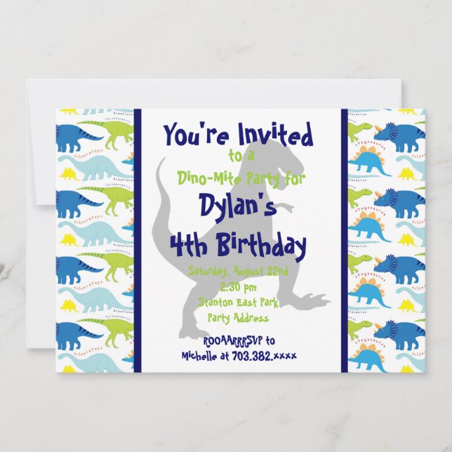 T Rex Dinosaur Kids Birthday Party Invitations 5x7 (Front)