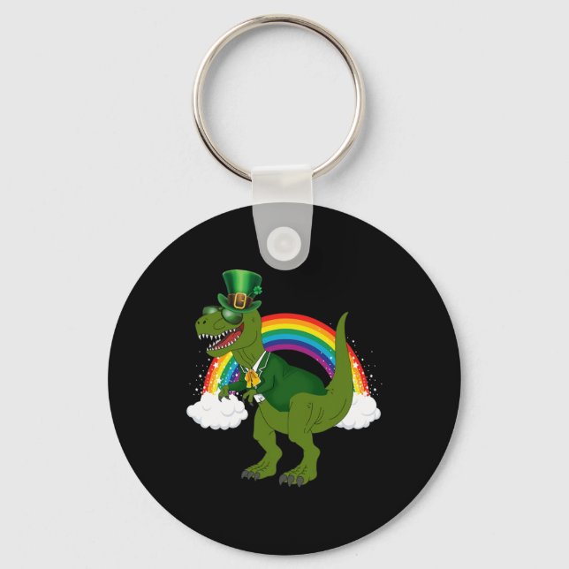 T-rex Dinosaur Leprechaun Rainbow St Patricks Day  Keychain (Front)