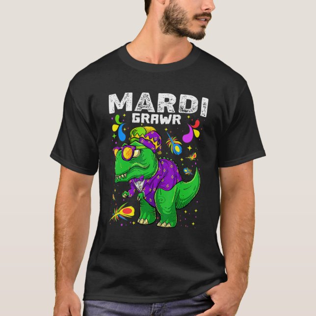 T Rex Dinosaur Mardi Gras Bead Costume Mardi Grawr T-Shirt (Front)