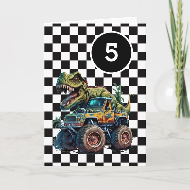 T-rex Dinosaur Monster Truck 5th Birthday Card (Front)