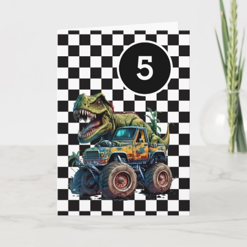 T_rex Dinosaur Monster Truck 5th Birthday Card