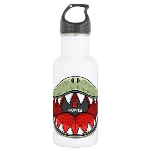 T_rex Dinosaur Mouth Kids Cartoon Olive Green Name Stainless Steel Water Bottle
