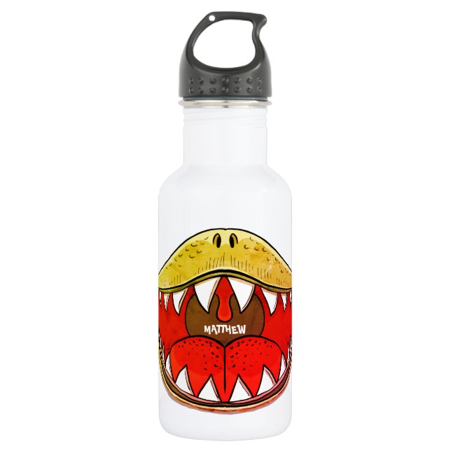 T-rex Dinosaur Mouth Kids Cartoon Yellow Name Stainless Steel Water Bottle (Front)