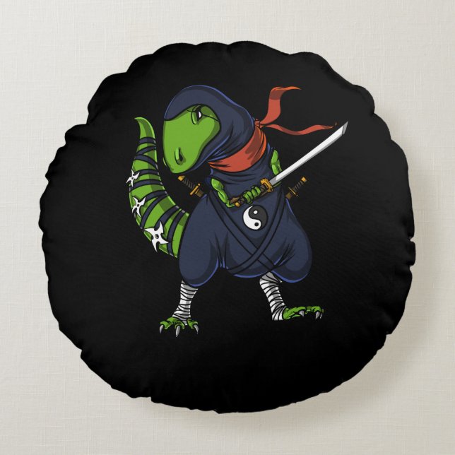 T-Rex Dinosaur Ninja Samurai Warrior Round Pillow (Front)