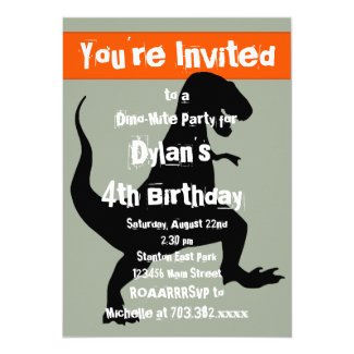 T Rex Dinosaur Orange Birthday Party Invitation