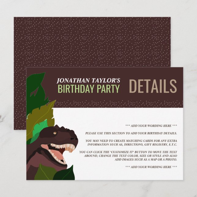 T Rex Dinosaur Party Children's Birthday Detail Invitation (Front/Back)
