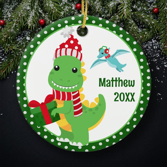 T-Rex Dinosaur Personalized Kids Christmas Ceramic Ornament (Creator Uploaded)