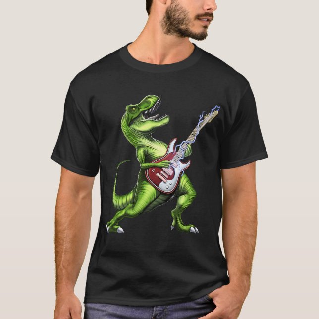 T-Rex Dinosaur Playing Guitar T-Shirt (Front)