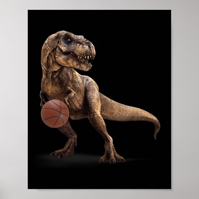 T Rex Dinosaur Playing Sketll Funny Dinosaur Hoops Poster (Front)