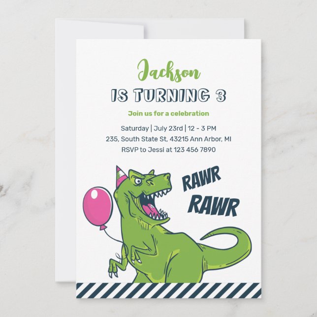T-Rex Dinosaur Rawr Party Kids Birthday Invitation (Front)