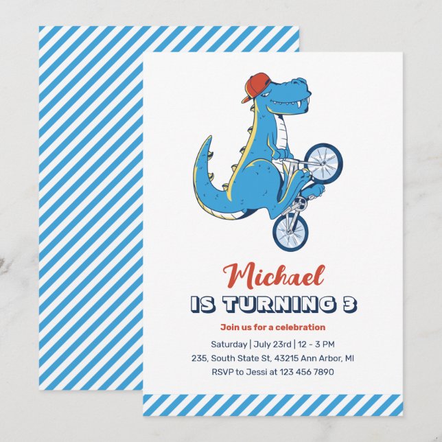 T-Rex Dinosaur Ride Bicycle Kids Boys Birthday Invitation (Front/Back)