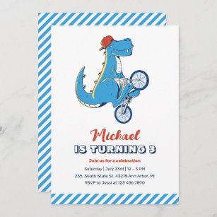 T-Rex Dinosaur Ride Bicycle Kids Boys Birthday Invitation