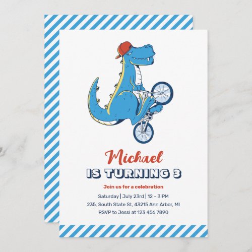 T_Rex Dinosaur Ride Bicycle Kids Boys Birthday Invitation