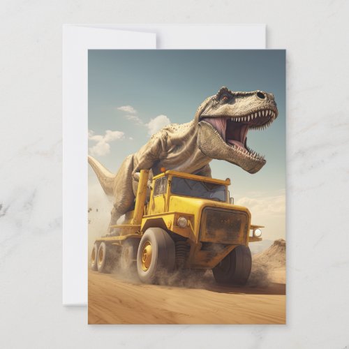 T_Rex Dinosaur Riding a Dump Truck Birthday Party Invitation