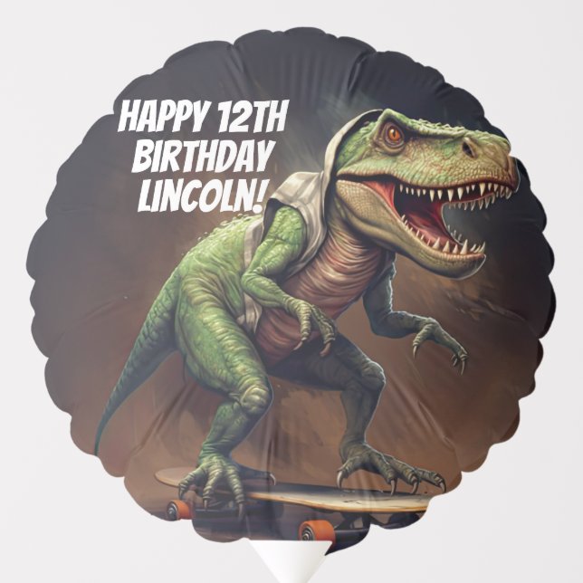 T-Rex Dinosaur Riding a Skateboard Birthday Party Balloon (Front)