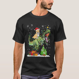 T Rex Dinosaur Riding Corgi Christmas Santa Hat  T-Shirt