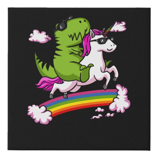 T-Rex Dinosaur Riding Magical Unicorn Rainbow Faux Canvas Print (Front)