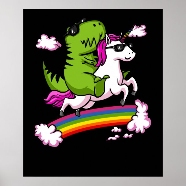 T-Rex Dinosaur Riding Magical Unicorn Rainbow Poster (Front)