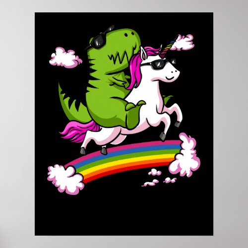 T_Rex Dinosaur Riding Magical Unicorn Rainbow Poster